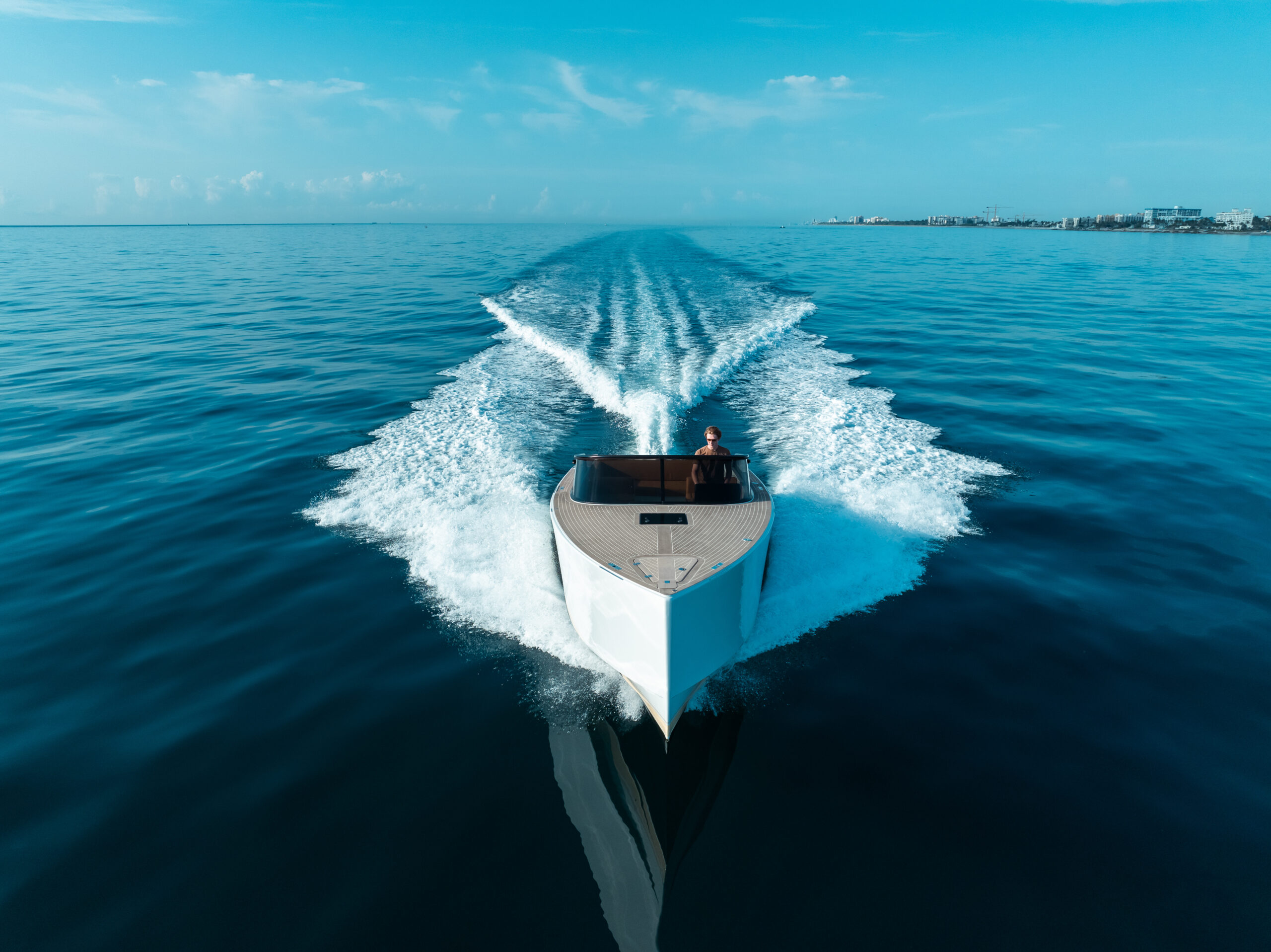 Aerial view of a yacht underway in South Florida