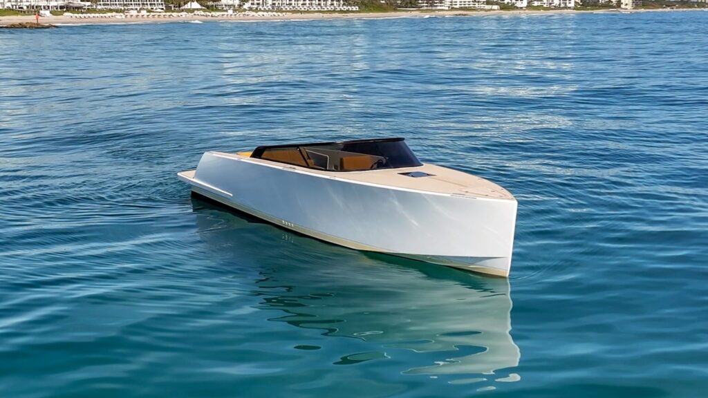 A clean day boat at anchor, the kind of finish a proper boat wash down procedure protects