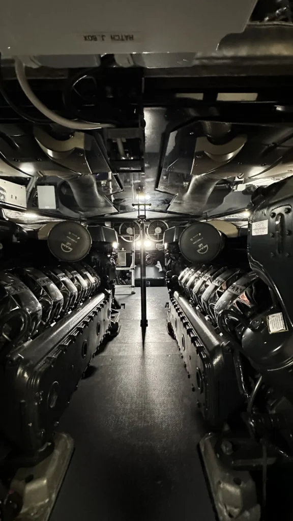Engine room of a yacht during a walkthrough