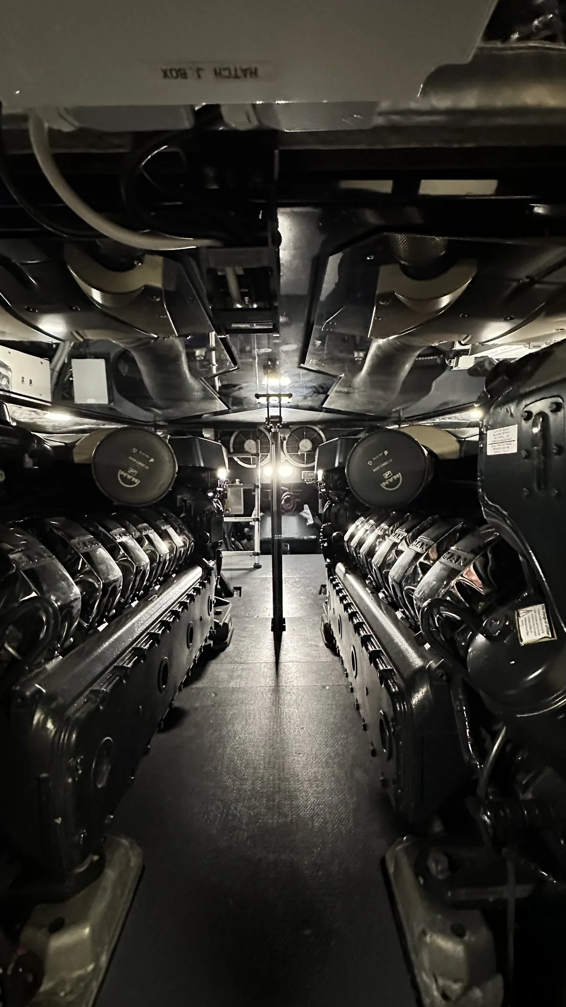 Engine room of a yacht during a walkthrough