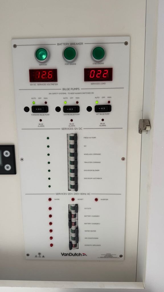 A labeled DC electrical panel showing bilge pump switches and a services voltmeter reading 12.6 volts