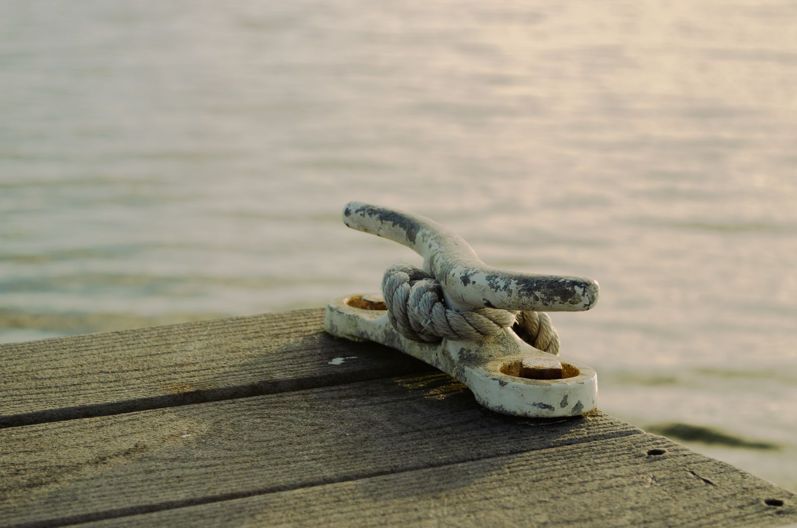 Dock lines and cleats holding a boat against pilings