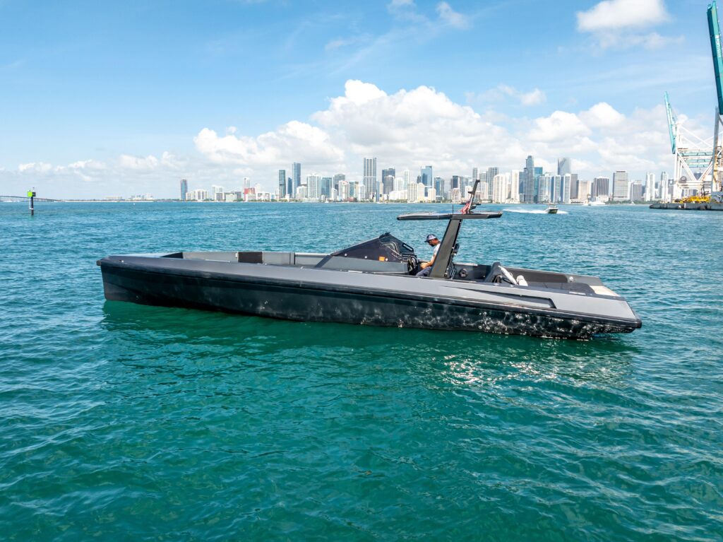 A 2012 Wally Wallytender 43 running off Miami, listed with Prestige Marine.