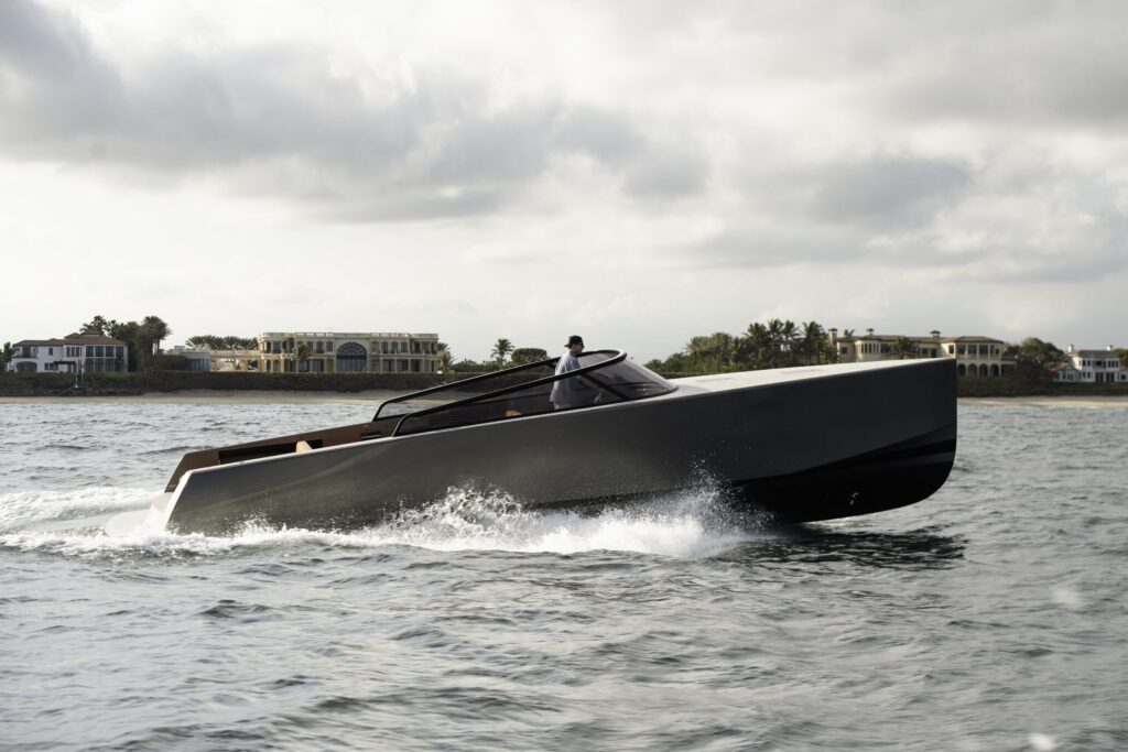 A VanDutch 40 running hard past the South Florida waterfront.