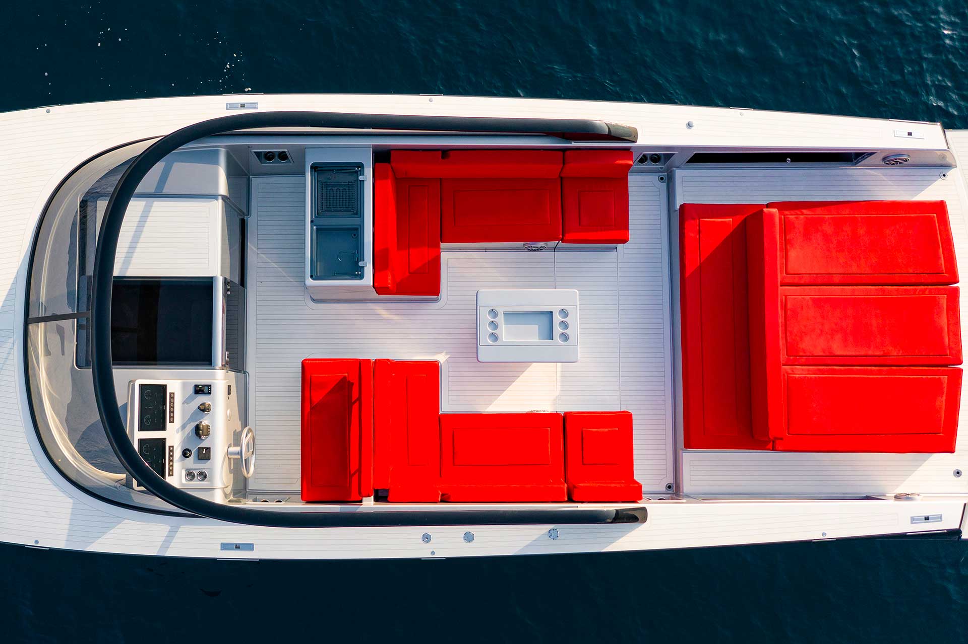 The cockpit layout of a VanDutch 48 seen from above.